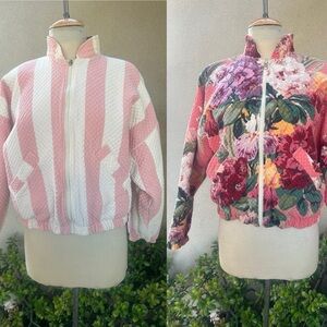 Vintage boho quilted reversible bomber jacket pinks floral stripes pocket S/M